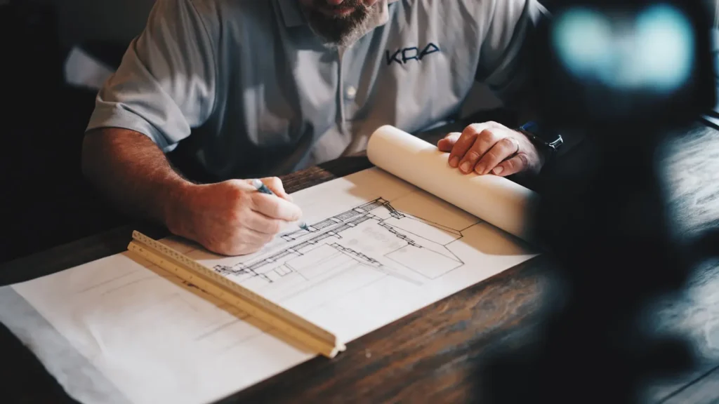 professional architect drawing with ruler blueprints